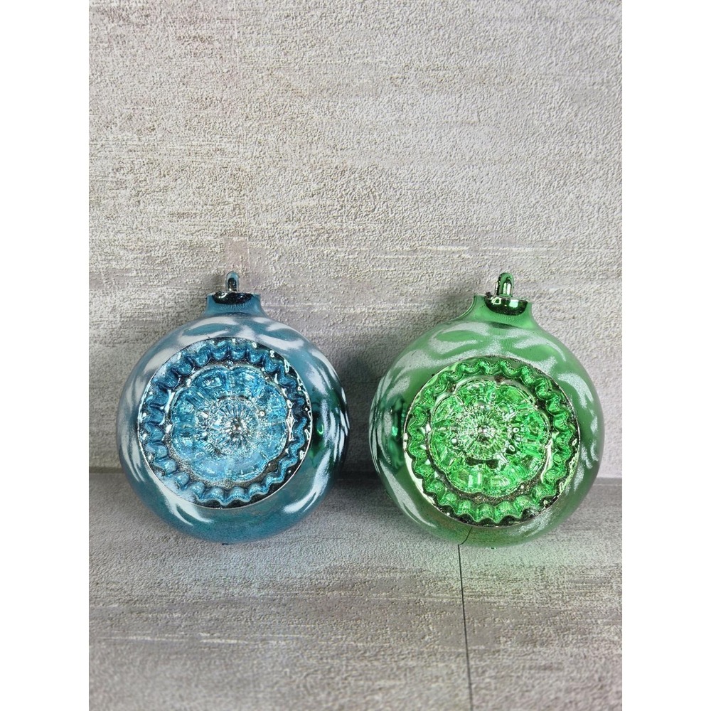 Pair Of Vintage Hand Blown Green & Blue Indent Glass Christmas Tree Ornaments
